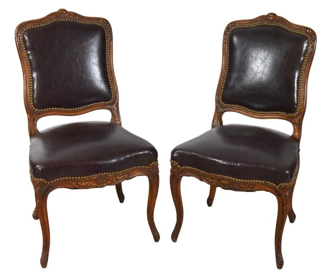 Pair Antique Carved Nail Head Trim Leather Chairs (1 of 9)