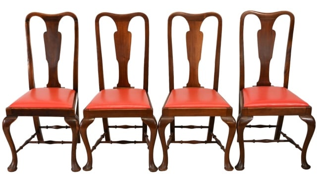 4 Queen Anne Carved Upholstered Dining Room Chairs (1 of 11)