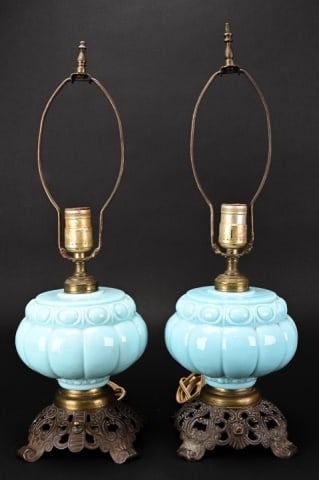 Pair Antique Converted Blue Milk Glass Lamps: Pair Antique Converted Oil Lamp Light Blue Milk Glass Table Lamps. Each measures 19.50 x 7 inches x 7 inches.