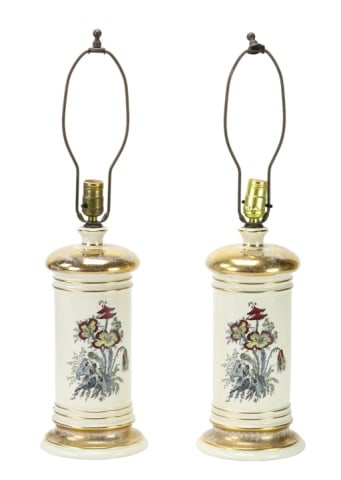 Pair Porcelain Floral Transferware Gilt Table Lamp (1 of 6)