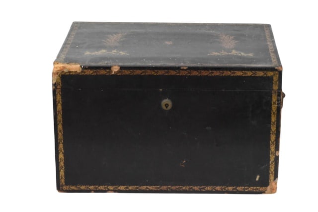 Antique English Black Lacquer Tea Caddy & Canister (1 of 12)