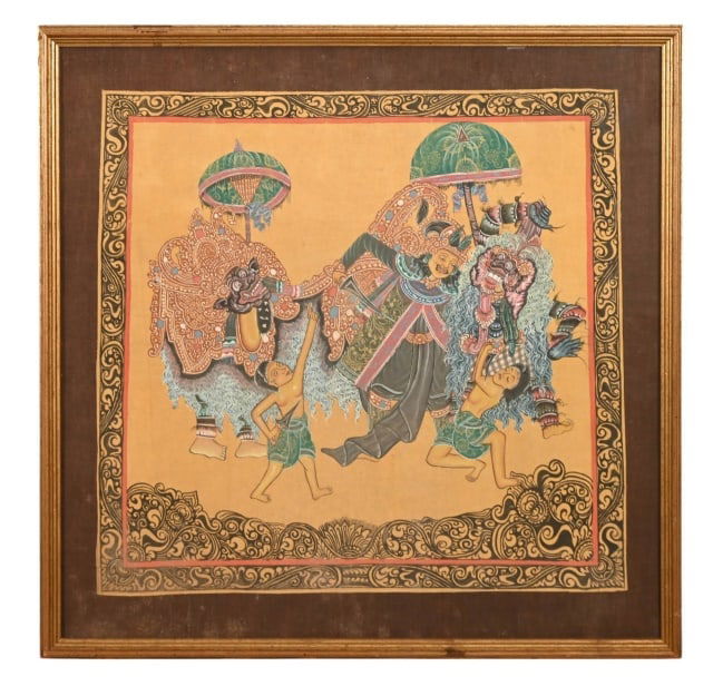 Balinese Thangka Gauche Painting Dragon: Balinese Thangka Gauche Painting Dragon. Framed measures 27 inches x 27 inches. Evidence of water damage to mat.