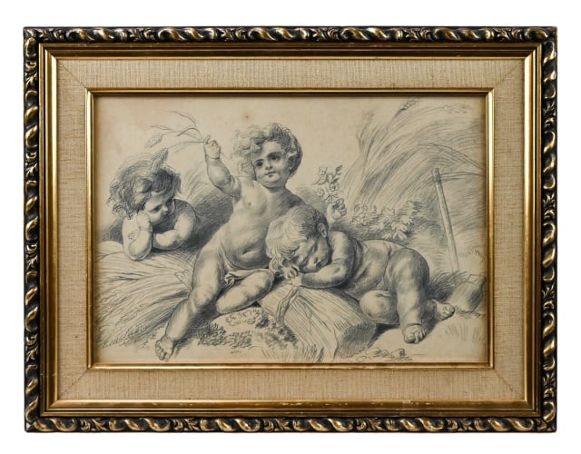 Antique After Boucher Pencil Drawing of 3 Cherubs: Antique After Boucher Pencil Drawing of 3 Cherubs. Measures 13 inches x 17 inches, art measures 9 inches x 13 inches.