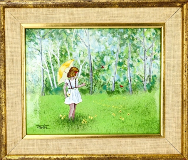 Lorraine Trester Signed Enamel on Copper Painting: Lorraine Trester Signed Enamel on Copper Painting of Girl. Framed measures 12 inches x 10 inches, artwork measures 8 inches x 10 inches.