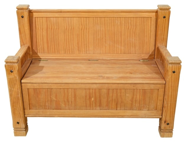 Farm Style Old Pine Box Settee: Farm Style Old Pine Box SetteeMeasures 35 inches x 47 inches x 20 inches.
