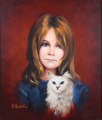 Gennaro Rino Maddaloni Signed Oil Portrait: Gennaro Rino Maddaloni, Italian American 20th Century, Signed Oil Painting Portrait on Canvas Crying Young Girl with Cat. Measures 24 inches x 19 inches.