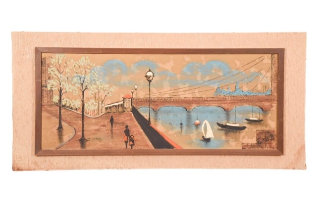 Fairchild Signed MCM Oil Painting Paris Cityscape: Fairchild Signed Mid Century Modern Oil Painting of Paris Cityscape, Framed and Mounted on Board. Painting measures 37 inches x 16 inches.