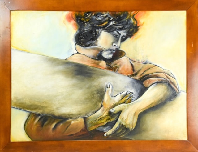 Michelle Hoffman Framed Oil Painting: Michelle Hoffman Framed Oil Painting on Board Titled The Weight of the World with Gallery Tag. Framed measures 28 inches x 36 inches. Frame is scratched, sold as is.