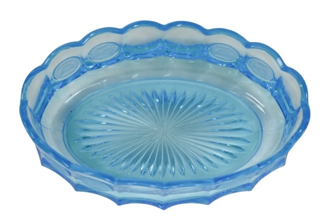 Antique Fostoria Coin Blue Glass Oval Bowl (1 of 6)