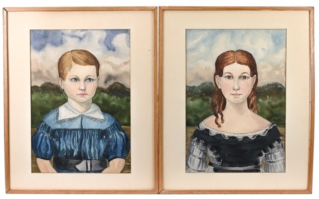 Pair Folk Art Style Watercolor Portraits Boy, Girl (1 of 12)