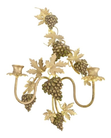 Vintage Tole & Iron Grape Motif Candle Sconce: Vintage Tole & Iron Grape Motif Double Candle Sconce. Measures 17 inches x 10 inches x 5 inches.