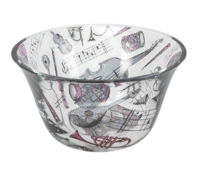 MC Hand Painted Glass Bowl w/ Musical Instruments: Mid Century Hand Painted Clear Glass Bowl Decorated with Various Musical and Musical Notation Made in London.Measures 4.75 inches x 9 inches