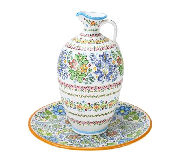 Pair Sevilla Hand Painted Pottery Jug & Platter: Pair Sevilla Hand Painted Pottery Jug & Platter. Jug measures 16 inches x 9 inches in diameter.
