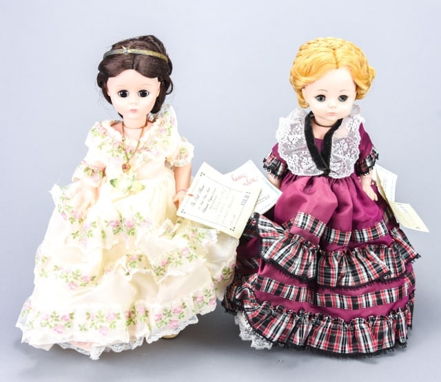Madame Alexander Dolls in Box, First Ladies: 2 Large Madame Alexander Dolls in Box, from the First Ladies of the US Collection. Both with necklaces, wrist tags and booklets. Both measure 14 inches tall.