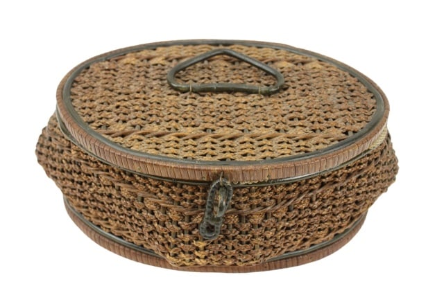 Antique Hand Woven Grass & Satin Sewing Box: Antique Hand Woven Grass and Satin Lined Sewing Box. Weaving is intact, satin lining needs minor repair. Measures 6 inches x 13 inches x 10 inches. Sold as is.
