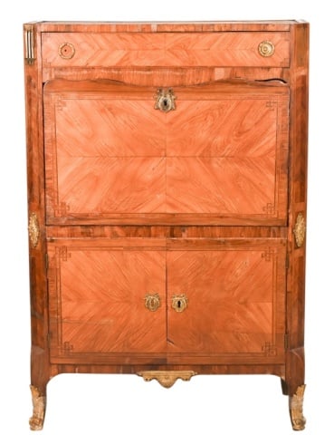 Antique French Neoclassical Inlay Secretary: Antique French Neoclassical Inlay Secretary with Bronze Ormolu.Missing top and broken Leg. Needs full restoration.Measures 56 inches x 39 inches x 16 inches.