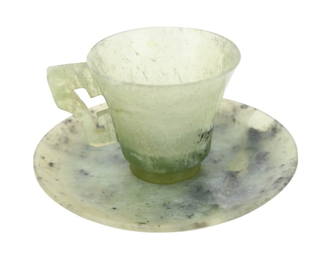Antique Chinese Jade Cup and Saucer: Antique Chinese Jade Cup and Saucer.Cup measures 2 inches x 2.5 inches.