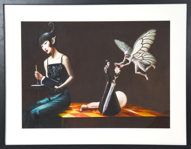 Liu Zhi Serigraph Limited Edition Framed: Liu Zhi, Chinese born 1975, Surreal Lithograph w Fantasy Motif. Prints limited to 100 editions. Frame measures 34.5 inches x 27 inches. Window measures 27 inches x 19 inches.