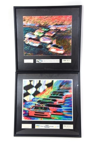 2 NASCAR Petty & France Autographed Posters: Pair NASCAR 1995 and 1996 Fan Appreciation Award Posters Signed by Richard Petty and Bill France. Featuring pop art style race car prints. Frames measure 26.75 inches x 25.75 inches. Prints measure
