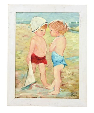 Shoefe Signed Mid C Oil Painting Children Seaside: Shoefe Signed Mid Century Oil Painting of Boy and Girl Children by the Sea. Framed measures 19 inches x 15 inches.