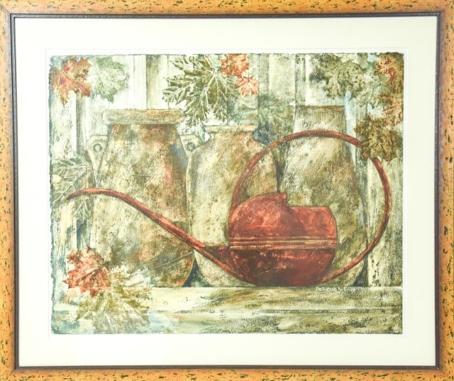 Deborah K. Ellis Singed Mono Print Watering Can: Signed Deborah K. Ellis Mono Print of Watering Can and Autumn Leaves. Signature to lower right. Framed measures 38.75 inches x 32.75 inches. Print measures 30 inches x 20 inches.