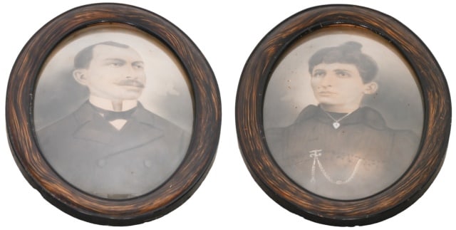 Pair Antique Mezzotint Portraits Oval Convex Frame: Pair Antique Hand Colored Mezzotint Portraits in Hand Painted Oval Metal Frames with Convex Glass. Framed each measure 23 inches x 17 inches, art measures 19 inches x 13 inches.
