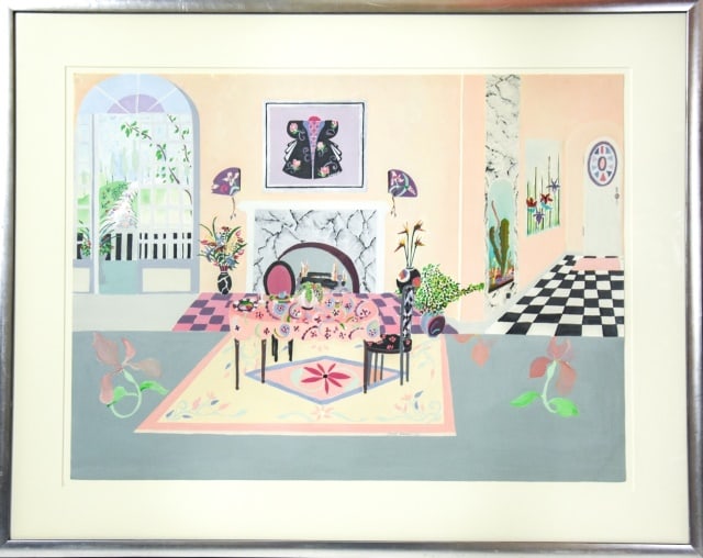 Carol Hodgkin Serigraph Signed Dining Room Table: Carol Hodgkin Signed and Professionally Framed Serigraph Titled Dining Room Table. Frame measures 30 inches x 38 inches, art measures 22 inches x 31 inches. Frame is scratched.