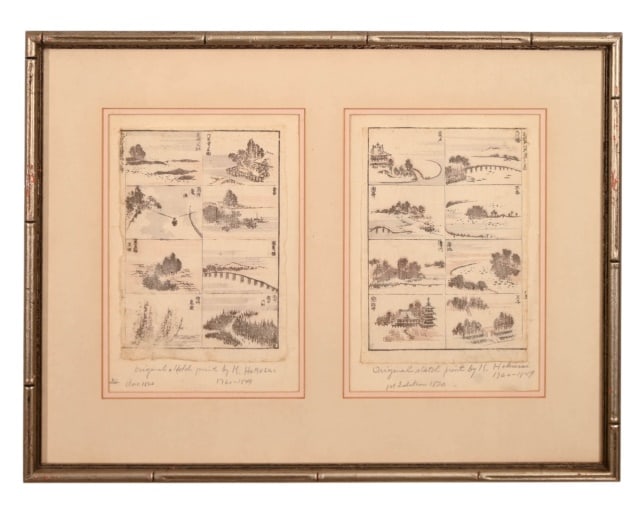 Pair 19th C. Katsushika Hokusai Woodblocks: Pair 19th Century Katsushika Hokusai, Japanese 1760 - 1849, Woodblocks, in Single Frame. Unsigned but attibuted in hand written notes. Each woodblock measures 9 inches x 6 inches.