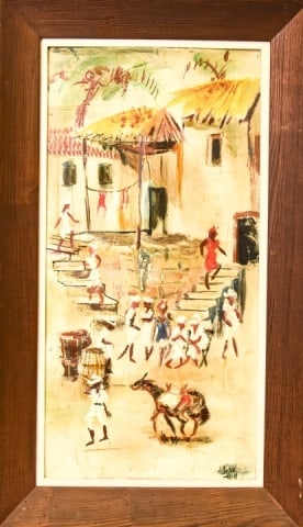 Signed Oil Painting Vintage Island Village Scene: Signed Oil Painting on Board Vintage Island Village Scene in Period Carved Frame. Painting measures 35.5 inches high x 17.5 inches wide, framed measures 43 inches high x 25 inches wide.