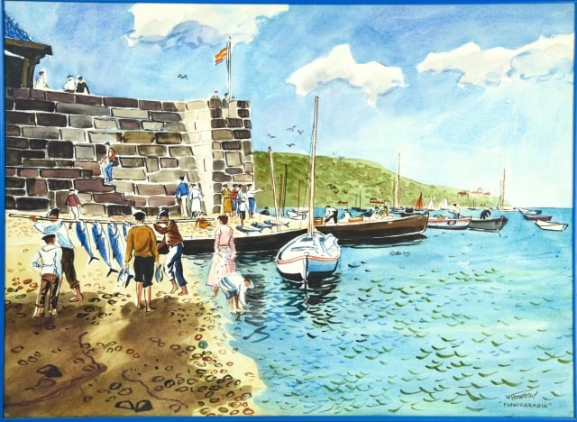 Wing Howard Signed Watercolor Painting Waterfront: William Wing Howard, American 1921-1998, Signed Watercolor Painting on Paper Titled Fuenterrabia. Framed measures 22 inches x 30 inches.