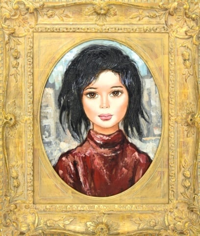 Nelly Day Oil Painting Portrait Asian Young Woman: Nelly Day Signed Oil Painting Portrait of Asian Young Woman In Carved Gilt Frame. Painting measures 14 inches x 10.25 inches. Frame measures 20 inches x 17 inches.