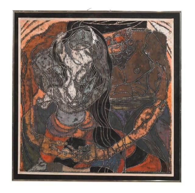 Chinese Yunnan School Signed Painting Mother Child: Chinese Yunnan School Signed Painting on Paper of Mother & Child, Framed. Measures 23 inches x 23 inches. There is water damage to cardboard on back of painting, there is no evidence of damage to