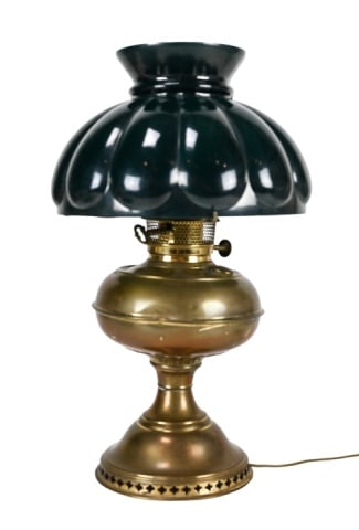 Converted Student Oil Lamp w Green Glass Shade (1 of 11)