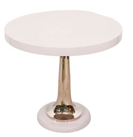 Modernist Mauve Laminated & Chrome Bistro Table: Modernist Mauve Laminated and Chrome Bistro Round Pedestal Table. Some scratches and chip on edges. Sold as is.Measures 31 inches x 34 inches.