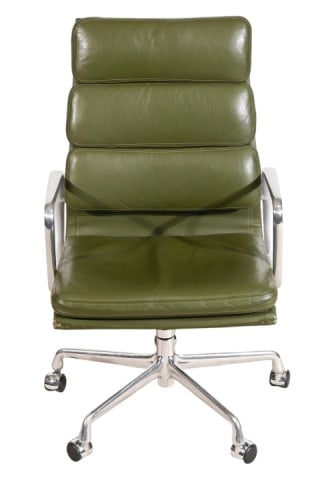 Herman Miller Eames Soft Pad Executive Chair: Herman Miller Eames Soft Pad Green Leather Executive Chair. Some wear to the leather and scratches. Sold as is.Measures 40 inches x 24 inches x 20 inches, seat height 18 inches.