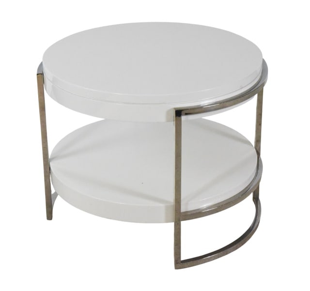 Mitchell Gold + Bob Williams Modern Side Table: Mitchell Gold + Bob Williams Modern Round Chrome Leg Side Table.Measures 22 inches x 28 inches x 26.5 inches.