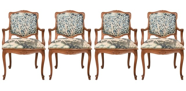 4 French Upholstered Carved Fauteuil Dining Chairs: 4 French Upholstered Carved Fauteuil Style Dining Chairs. One chair leg needs repair. Sold as is.Measures 36 inches x 22 inches x 20 inches, seat height 21 inches.