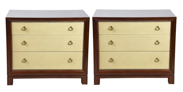 Pair Art Deco Caracole Leather Front Nightstands: pair Art Deco Caracole Leather Front Nightstands.Measures 33 inches x 37 inches x 18 inches.