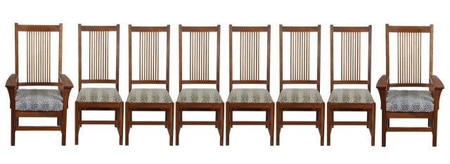 8 Stickley Mission Oak Spindle Dining Chairs: 8 Stickley Mission Oak Spindle Dining Chairs with Custom Upholstered Seat.Arm chairs measures 48 inches x 27 inches x 22 inches, seat height 20 inches.