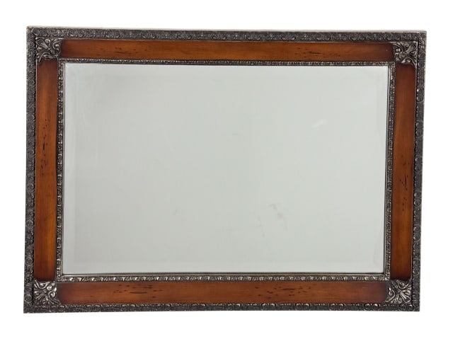 Bassett Beveled Glass Mirror w Embossed Silver: Bassett Beveled Glass Mirror w Embossed Silver Framed Accent.Measures 36 inches x 26 inches x 1.5 inches.