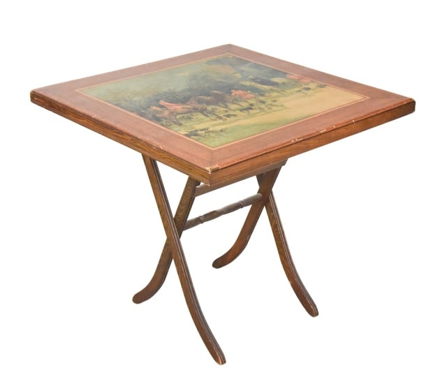 Vintage Wooden Tilt Top Table w Hunt Scene on Top: Vintage Wooden Tilt Top Card Table with Hunt Scene Lithograph on Top. Sold as is.measures 27 inches x 30 inches x 30 inches.