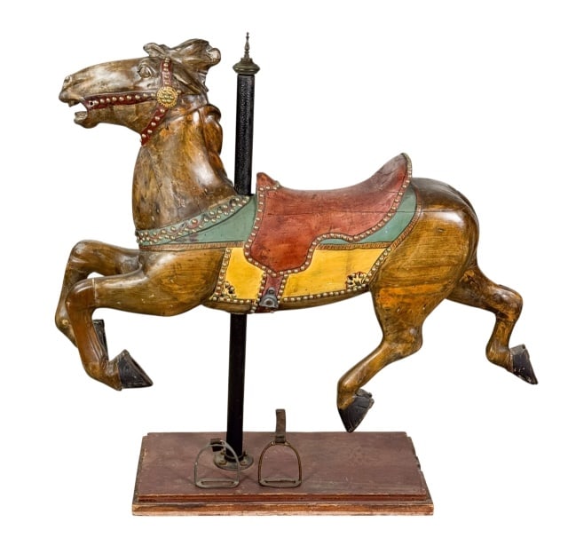 Americana Folk Art Carved Painted Carousel Horse: Americana Folk Art Carved Hand Painted Decorated Wood Carousel Prancing Horse with Nail Head Trim. Measures approximately 46 inches x 48 inches x 10 inches.
