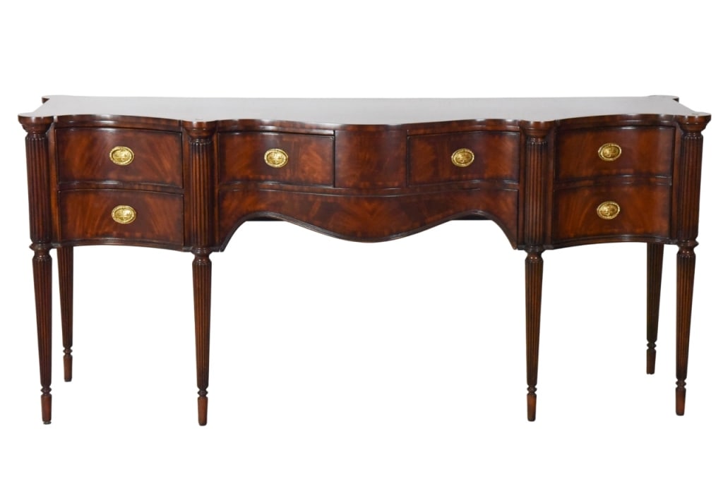 Maitland Smith Mahogany Serpentine Sideboard: Maitland Smith Mahogany Serpentine Sideboard with Custom Made Glass Top.Measures 36 inches x 80 inches x 16 inches.