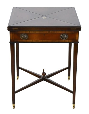 Antique Edwardian Inlaid Envelope Card Table: Antique Edwardian Inlaid Envelope Card Table.Closed measures 29 inches x 22 inches x 22 inches.Open measures 28 inches x 44 inches x 44 inches.