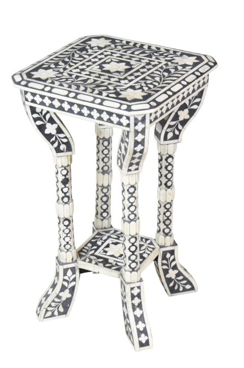 Floral hand Cut Bone Inlay Accent Side Table: Floral hand Cut Bone Black and White Inlay Accent Side Table.Measures 21 inches x 12 inches x 12 inches.