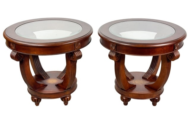 Pair Bassett Carved Cherry Wood Side Tables: Pair Bassett Carved Cherry Wood Side Tables with Glass Top Inserts.Measures 26 inches x 29 inches diameter.