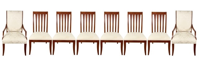 8 Mid Century Carved Upholstered Dining Chairs: 8 Mid Century Hand Carved Custom Upholstered Dining Chairs. Two with arm. Chairs needs to be re upholstered and refinish. Sold as is.Measures 40 inches x 24 inches x 21 inches.