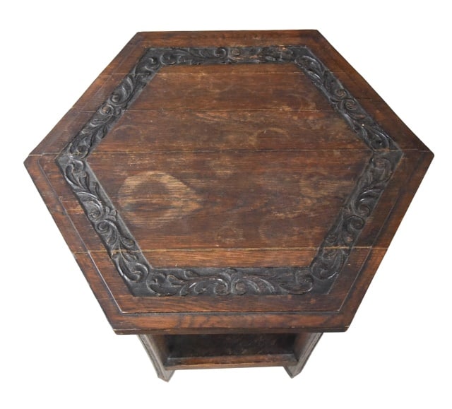 Antique Hand Carved Hexagonal Side Table - 2