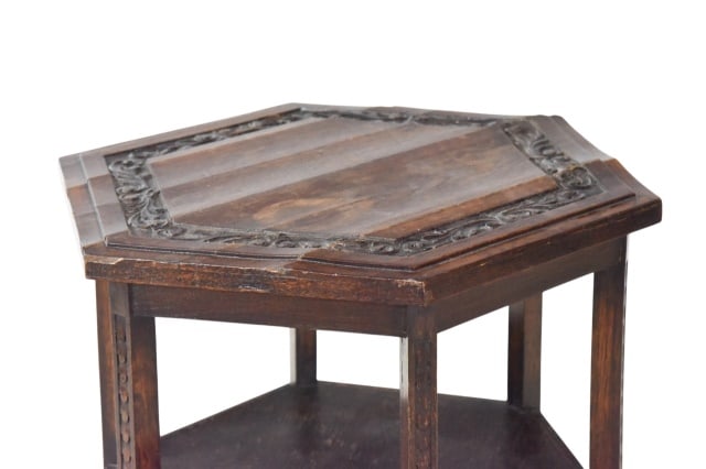 Antique Hand Carved Hexagonal Side Table - 4