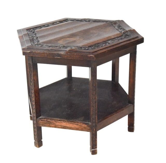 Antique Hand Carved Hexagonal Side Table - 9